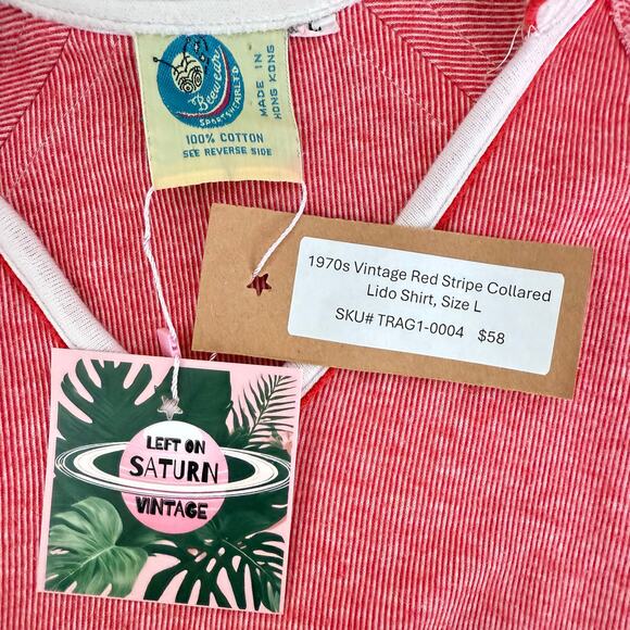 Vintage 1970sRed White Micro Stripe Collared Lido Shirt, Drawstring Crop Size L - Picture 5 of 6